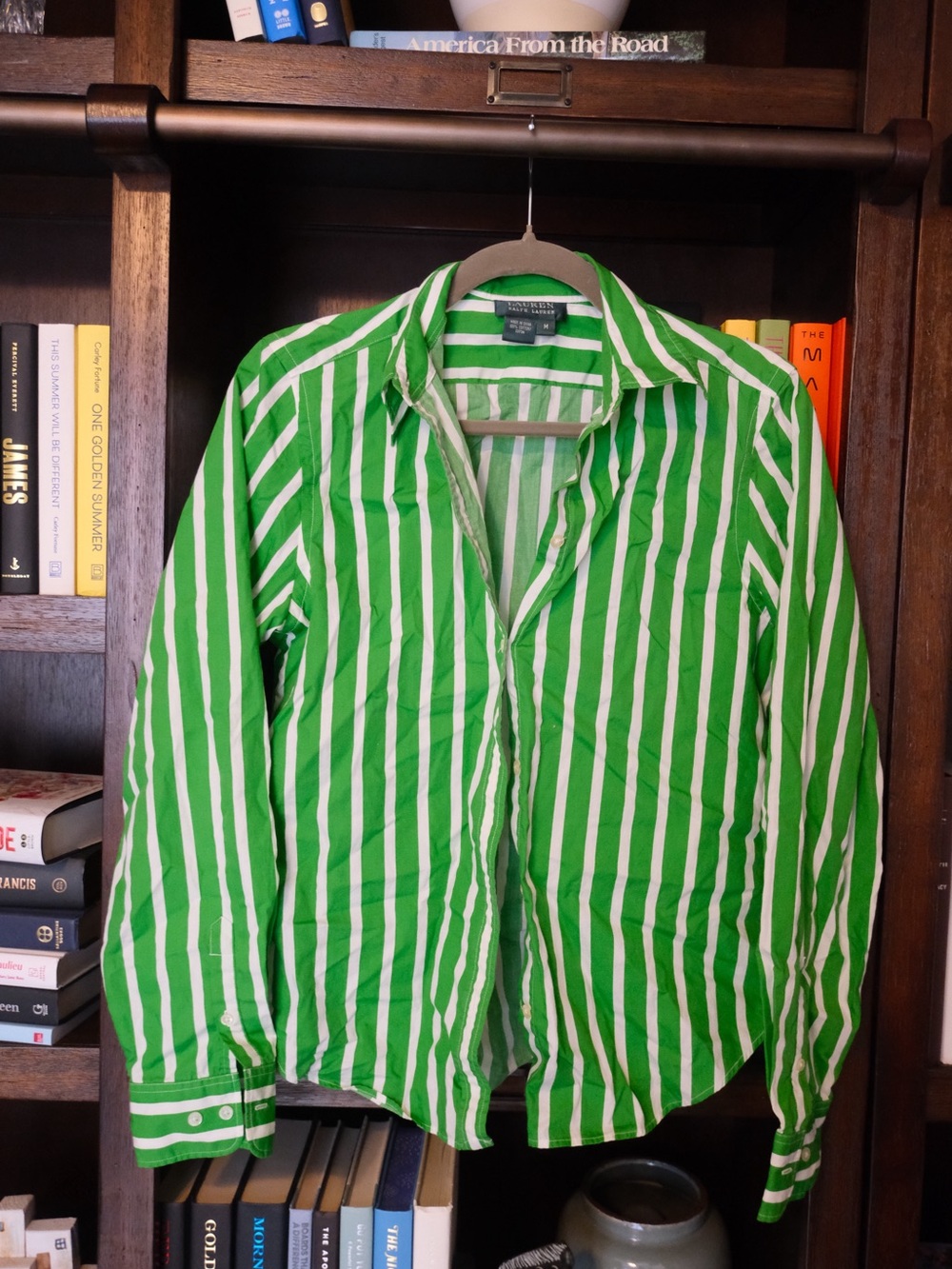 Ralph Lauren Green and White Striped Button-Down Shirt